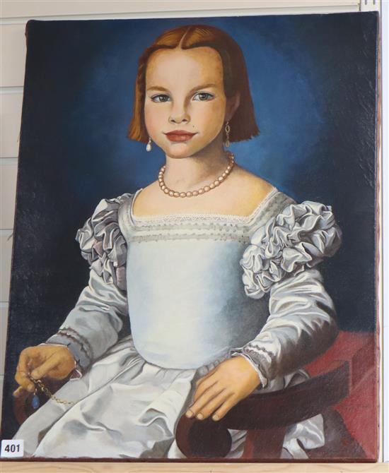 Modern oil on canvas, Portrait of a young lady, indistinctly signed and dated 1977, 60 x 48cm, unframed